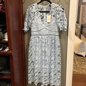 Bardot light blue midi lace puff sleeve v-neck dress